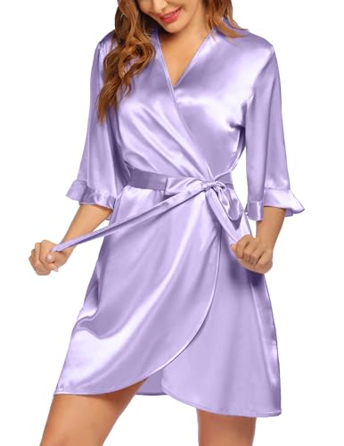 Image of Ekouaer Women's Satin Robe Valentines Lingerie for Women Kimono Bathrobe Short Ruffle Belted Robes Bridesmaids Sleepwear