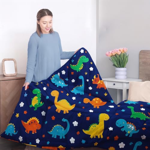 Image of 200 GSM 400 TC Kids Glace Cotton Reversible Cartoon Printed Double Bed King Size Comforter with Matching Bedsheet 90 * 100 with 2 Pillow Covers Set of 4 Pieces (Blue Dinosaur)