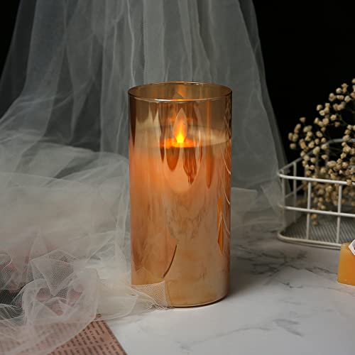 Image of Flameless LED Pillar Candle with Glass Cup | Real Wax | Amber Glass Finish | Flickering Wick Effect | Remote with Battery Operated | D-3 inch x H-6 inch | Decorative Candle for Home Decor, Festive & Gifting