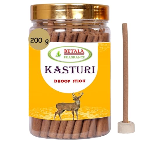 Image of Betala Fragrance Kasturi Dhup Batti for Puja, 200 Gm Bamboo Less & Charcoal Free Dhoop Sticks for Pooja with Holder Stand (70-80 Stick) | doopsticks | (200 Gm) (Kasturi)