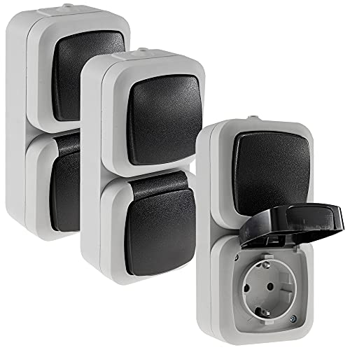 Feuchtraum Steckdose mit Schalter 2-fach Kombination 3Stück Aufputz 250V / 10A / 16A IP44 Spritzwasser geschützt Grau