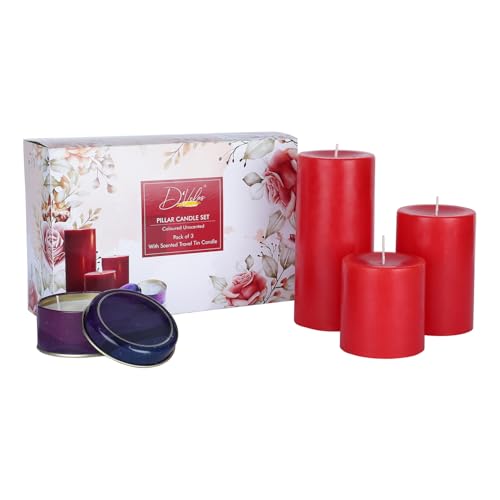 Image of D'Velas Pack of 3 Unscented Red Pillar Candles | Burn Time 50 /65 /80 Hours | Bonus 3oz Scented Travel Tin | Long-Lasting Paraffin Wax Candles for Home Decor, Festive Use & Events
