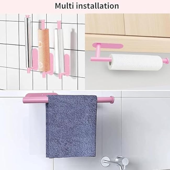 Pink Paper Towel Holder - Self Adhesive or Drilling, Under Cabinet or Wall Mounted