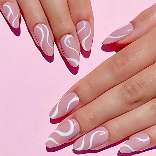 24 Pcs Press on Nails Medium Length, Sunjasmine Fake Nails Almond Glue on Nails, Stiletto False Nails with Glue, Acrylic Nails for Women and Girls (Pink Mixed White Swirl)