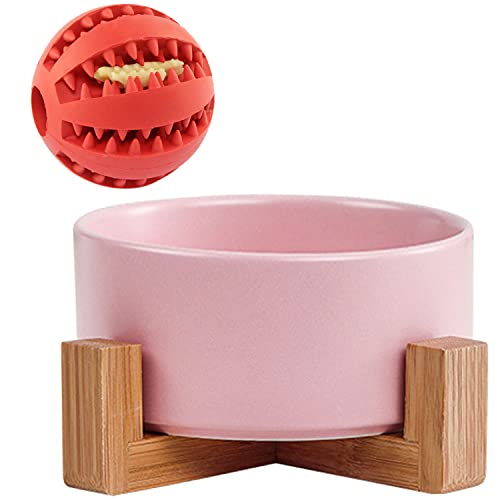 Set di ciotole per cani e gatti pesanti in ceramica rosa da 15,5 cm, con supporto in legno per cibo e acqua, antiscivolo, simpatiche e moderne, per cani e gatti di piccola taglia (382,7 g) per cani di