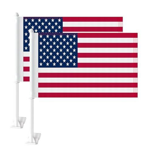 Heavy Duty 2 Pack American Car Flags 11 x 17 Small USA Flag for Car Window TearResistant 2Layer WarpKnitted Polyester with Thickened Pole & Secure Window Clip for Car Truck SUV