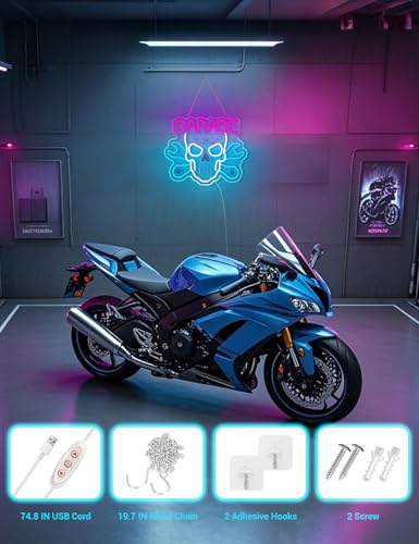 Image of Garage Neon Sign for Wall Decor, Skull Car Service LED Light Neon Signs with USB Dimmable Powered for Auto Repair Shop, Workshop Gift for Father(White Skull)