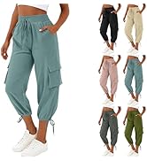 Women Capri Pants Summer Cargo Capris Quick Dry Cargo Pants Drawstring Hiking Pant with Pockets C...
