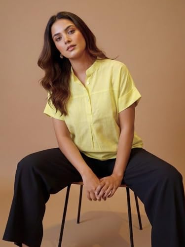 Image of Maaesa Women Solid Rayon Mandarin Neck Regular Fit Top | Short Sleeves | Lightweight & Breathable | Casual Wear & Office Wear