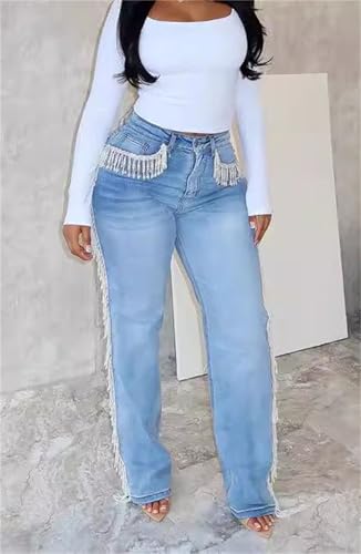 Women's High Waisted Fringe Denim Pants Tassels Skinny Denim Jeans Rhinestone Fringe Trendy Denim Pants3