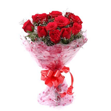 Image of Fresh Red Roses Bouquet (Bunch of 12) with Cellophane Wrapping | Birthday, Anniversary, Valentine's Day & Romantic Gift for Girlfriend, Wife, Husband | Same Day Delivery Flower Bouquet