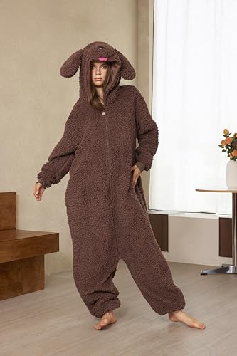 Loiahoer Unisex Erwachsene Pudel Hund Onesie Kostüm Pyjama Dog Halloween Karneval Kostüm,Neuheit Sherpa Welpe Schlafanzug Pyjamas Damen & Herren,Braun,L