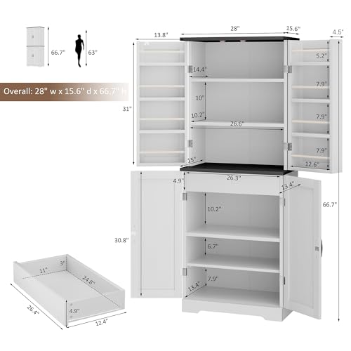 Image of Shintenchi Kitchen Pantry Cabinet, Freestanding Farmhouse Storage Cabinet with 8 Door Shelves, 2 Cabinets and 1 Drawer, Tall Cupboard for Kitchen, Living Room, Dining Room and Bathroom, White