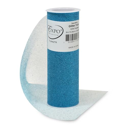 Image of Expo International Decorative Glitter Tulle, Roll /Spool of 6 inch X 10 Yards, Lightweight Polyester Tulle Fabric for Costumes, Wedding, and Party Decorations, Washable, Easy-to-Use, Turquoise