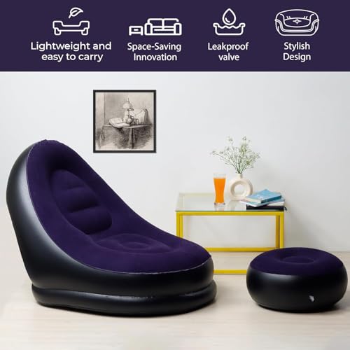 Image of Inflatable Recliner Sofa with Air Pump for Ultimate Relaxation - Purple (Pack of 1) | Inflatable Lounge Chair with Footstool, Durable Material, Lightweight & Portable, Ideal for Home