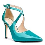 COLETER Womens 4' Pointed Toe D'Orsay Pumps Stilettos High Heel Crossed Ankle Strap Dress Shoes Teal 6US