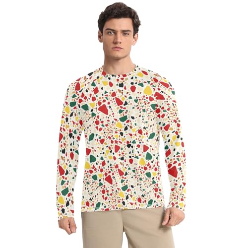 Mens UPF 50+ UV Sun Protection Rash Guard Men Quick Dry Men Rash Guard Long Sleeve Swim Shirts, Colorful Terrazzo Stones Beige, Small