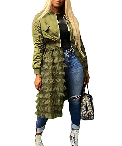 ECDAHICC Women's Mesh Patchwork Bomber Jacket Casual Long Sleeve Zipper Open Front Lace Ruffle Hem Coat Dress(AG,3XL)