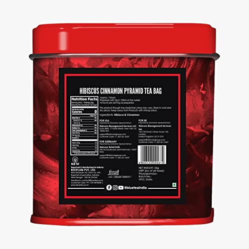 Blue Tea - Hibiscus Cinnamon Herbal Tea -18 Tea Bags || Caffeine - Free || Vegan - Gluten - Free - Non-Gmo | Farm - Packed Tin Packaging #TOP1