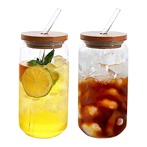 2PCS Glass Cups with Lids and Straw, Beer Can Glass 16 oz / 19 oz Can Shaped Drinking Glasses Coffee Cup Glassware Sets for Juice, Soda, Cocktails Cover