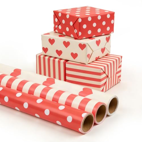 Gift Wrapping Paper 3PC Gift Wrap Set with Hearts Stripes and Polka Dots 17 x 200 inch Each Elegant Red and White Designs for Wedding Anniversary Bridal or Baby Shower Mothers day Gifts