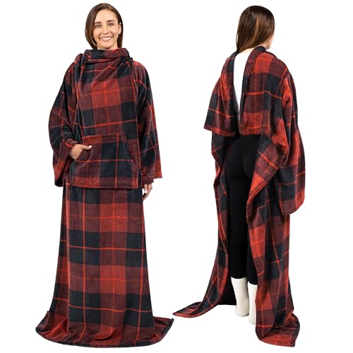 PAVILIA Plaid Red Fleece Wearable Blanket with Sleeves for Adults Women Men Soft Warm Full Body Wrap Throw Sweatshirt Pocket Cozy Pullover Robe Blanket with Arm Gifts for Christmas Mom Wife