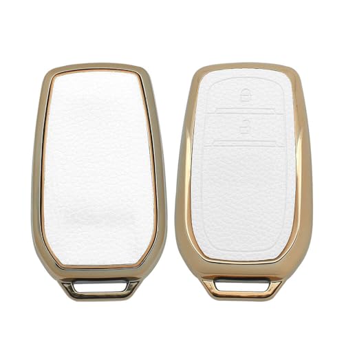 Image of keyzone Litchi Leather Textured TPU Key Cover & Keychain for Innova Crysta, Innova HyCross, Hilux, 2 Button Smart Key (White)