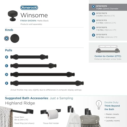Image of Amerock 1-1 /4 inch Round Winsome Matte Black Cabinet Knob | Durable Zinc drawer knob and cabinet hardware, ideal for kitchen cabinets, bathroom vanities, dressers, and furniture