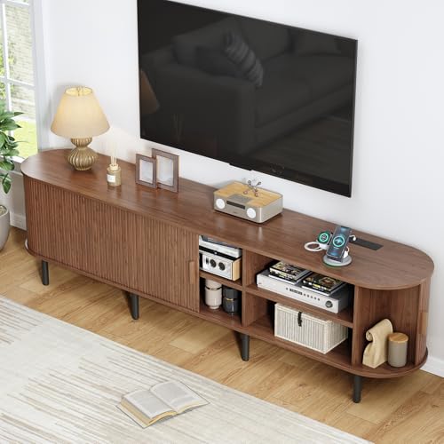 Image of 86.6 inch TV Stand with Power Outlet, Mid-Century Modern Television Stand, Fluted Media Console with Sliding Doors, Entertainment Center for TVs up to 90 Inch, Adjustable Shelves, Walnut