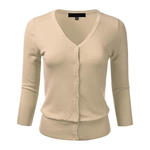 FLORIA Women's Button Down 3/4 Sleeve V-Neck Stretch Knit Cardigan Sweater Taupe L Cover