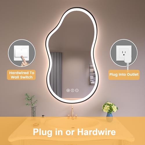 Image of WTTY LED Irregular Bathroom Mirror 20x36 Inch with Front & Back Lights - Asymmetrical Design, Anti-Fog, Dimmable 3 Color Temperatures, Shatterproof Glass, Horizontal or Vertical Mount (Black Frame)