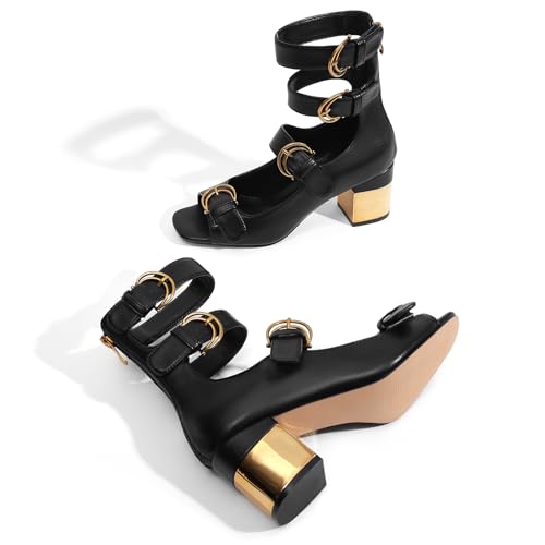 LOCERICH Womens Heeled Sandals Chunky Block Heels Open Toe Strappy Comfortable Ankle Strap Gold Low Heel Dress Shoes for Women4