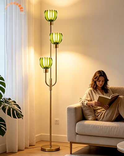 Image of Lightdot 3-Lights Modern Glass Floor Lamp Gold Dimmable Floor Lamps with 3000K Warm White Bulbs for Wedding Party 66IN Tall Standing Lamp with Green Glass Shade for Living Room /Bedroom /Home Decor