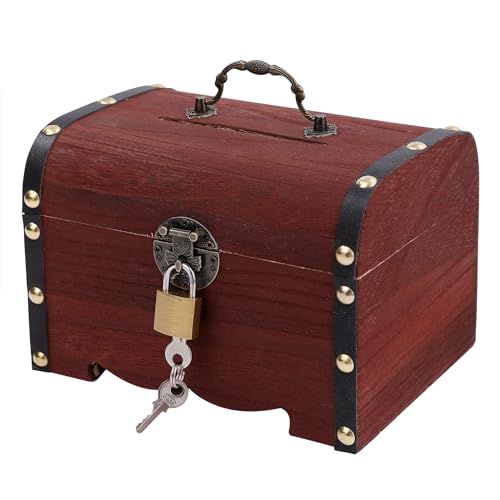 Anopono 貯金箱 宝箱 鍵付き 南京錠 アンティーク 札 お札 小物入れ 収納箱 ボックス (ブラウン, L)