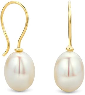 Orovi Womens Oval Freshwater Pearl Earrings Dangle Drop 9 Ct Yellow Gold Lustrous Pearls Birthstone Earrings 8mm Ladies White Cultured Pearl Earrings