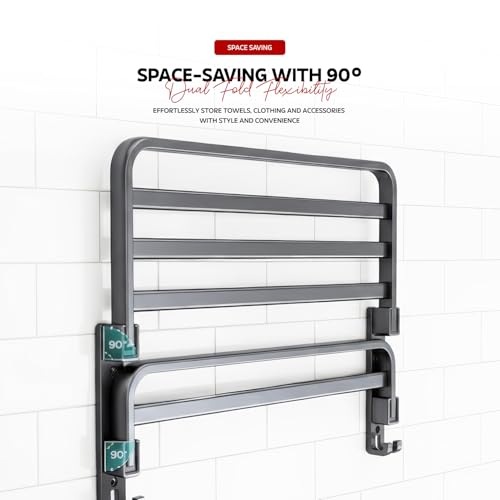 Image of Amazon Basics Foldable 24 Inch Towel Rack for Bathroom - Wall Mounted Space-Saving Aluminum Towel Holder with Double Tier Shelf, Rod & Hooks - Rustproof Bathroom Accessories