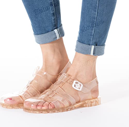 Image of Yehopere Women's Jelly Sandals T-Strap Slingback Bling Beach 80s 90s Retro Flat Shoes
