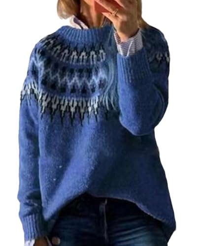 Womens Fair Isle Sweaters Vintage Argyle Iceland Norway Sweater Colorful Crew Neck Long Sleeve Pullover Jumper Tops