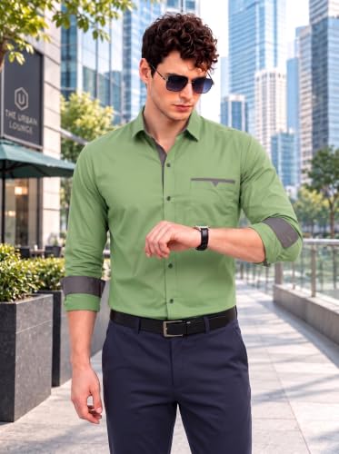 Image of Diverse Men's Cotton Shirt for Men | Regular Fit Full Sleeve Solid Casual Shirt with Spread Collar, Stylish Pocket Design, Standard Length | Formal Office Wear