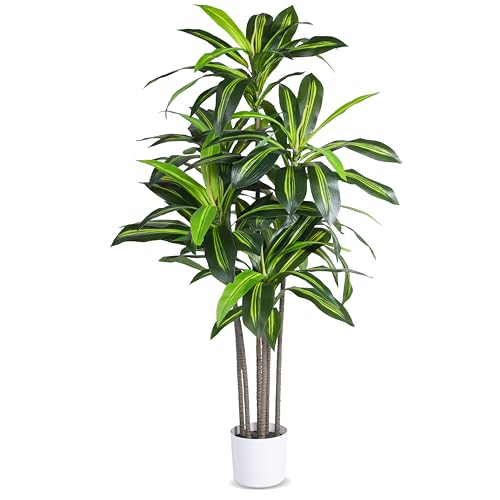 Artificial Dracaena Tree Indoor, 6FT Tall Faux Tree with Natural Wood Trunk and Lifelike Leaves...
