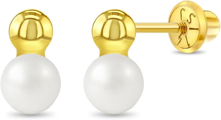 14k Yellow Gold Simulated Pearl Drop Earrings For Babies and Little Girls - Small Simulated Pearl Earrings For Children - Little Girl Elegant Earrings