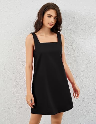 Summer Linen Mini Dress for Women Sleeveless Square Neck Tank Shift Dresses Causal Backless Solid Short Sundress4