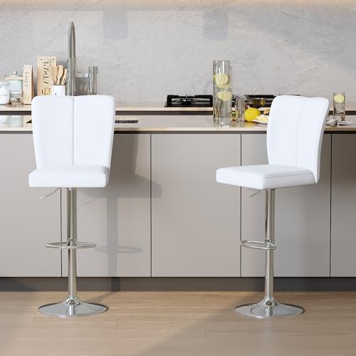 Image of Swivel Bar Stools Set of 2 - White Barstools with Back,Adjustable Counter Height Bar Stools with Sturdy Metal Legs,Leather Counter Height Stools Ideal for Kitchen Island Pub(25''-33''H)