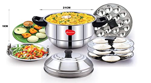 Image of KLASSI KICHEN Stainless Steel Idli Cooker with 3 Plates & 1 Mini Idli Plate |Idli Steamer with Bakelite Handle |Gas Stove & Induction Compatible |Idli Dhokla & Modak Maker | Kitchen Accessories | Silver