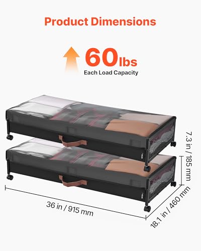 Image of VEVOR Under Bed Storage with Wheels, 36.0 x 18.1 x 7.3 inch, Underbed Containers with Clear Lid, Underbed Shoe Organizer, Rolling Under the Bed Storage Bins for Clothes Shoes Blankets Bedroom, 2 Pack