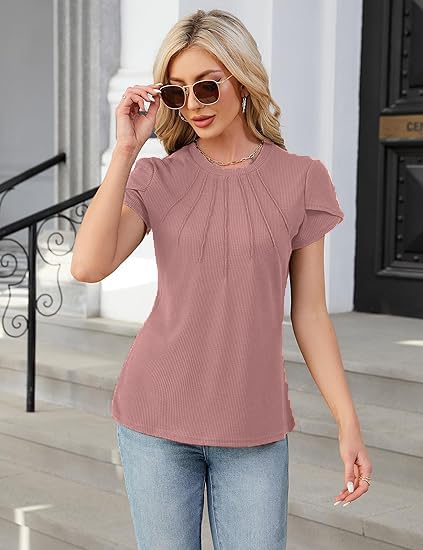 Image of Zilcon Womens Short Sleeve T-Shirts Round Neck Tops Summer Fashion Dressy Casual Basic Ruffle Blouse Soft Spring Clothes Casual Workout Tunic T Shirts Tops