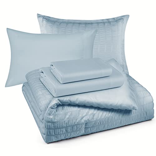 Cozylux Queen Seersucker Comforter Set With Sheets Light Blue Bed In A Bag 7-Pieces All Season Bedding Sets With Comforter, Pillow Sham, Flat Sheet, Fitted Sheet, Pillowcase #TOP6