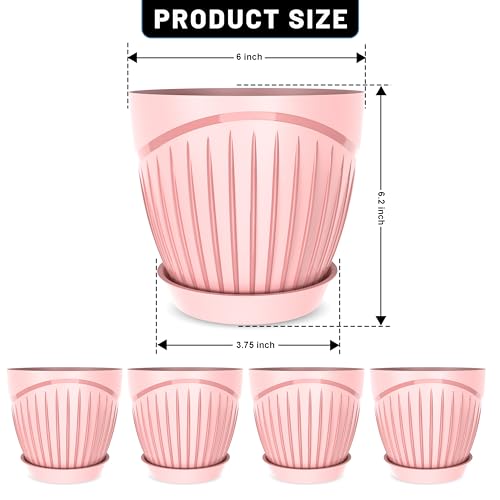 Image of ELUVIA Plastic Plant Pots with Drainage Holes and Trays - Set of 5 (6 Inch) - Minimalist Decorative Indoor Flower Pots for Living Room, Balcony & Office Garden (Pink)