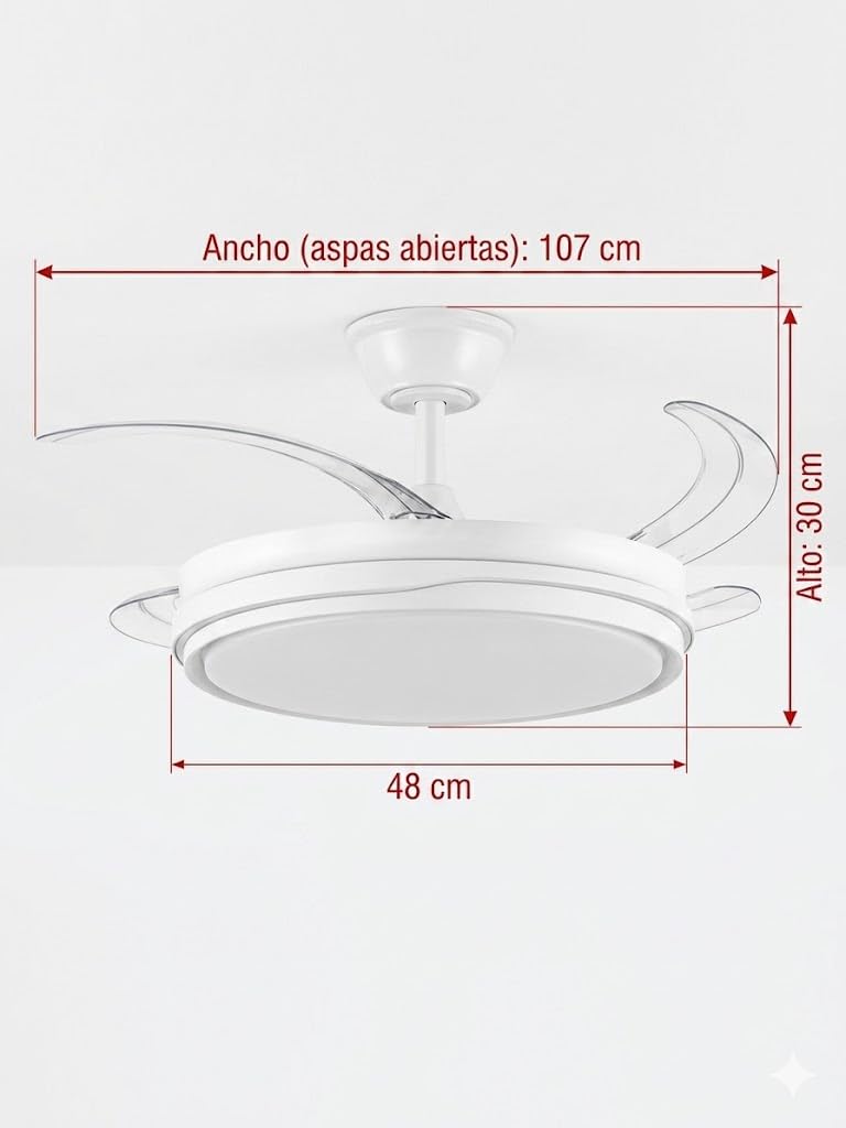 Genérico Ventilador de Techo con Luz LED Regulable, 4 Aspas Transparentes, Motor DC Silencioso, 6 Velocidades, Función Inversa Verano/Invierno, 60W, con Mando a Distancia