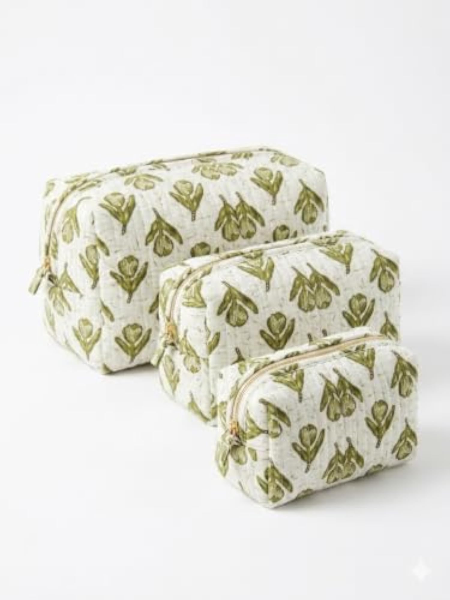 Quilted Block Print Cosmetic Pouch Set of 3 Cotton
